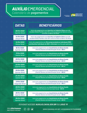 Governo Federal divulga calendário de pagamento de auxílio emergencial