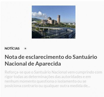 Santuário de Aparecida diz que contestação é apenas jurídica obedece determinações sanitárias