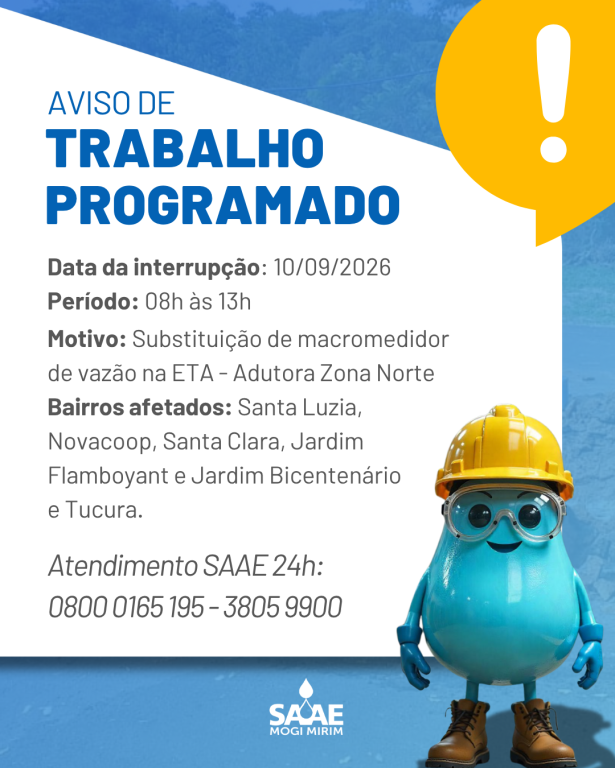 SAAE anuncia interrupção programada no abastecimento de água na Zona Norte