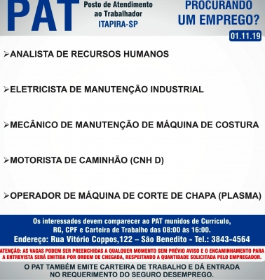 PAT divulga vagas de empregos em Itapira