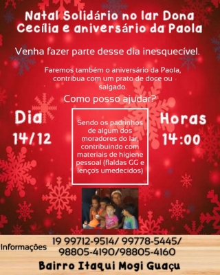 Lar Dona Cecília fará campanha do Natal solidário junto com aniversário de Paola